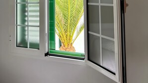 Habitación con ventana de vidrio esmerilado y vista a una palmera.