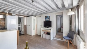 A modern living space with a kitchen, dining area, and a seating area with a television.