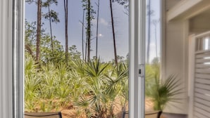 A view through a glass door of a room with a small table and two chairs, a window overlooking a garden with tall trees and various plants.
