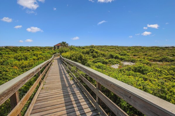A wooden boardwalk leading to a small structure in a lush, green landscape.