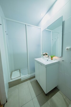 Hair dryer, towels, soap, toilet paper