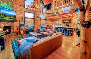 Smart TV, fireplace, video games, DVD player