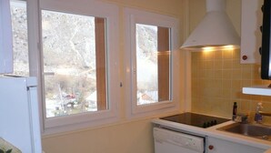 A compact kitchen with a dishwasher, a stove, and a window overlooking a garden. - Resort center, 3rd floor, balcony, parking, 53m², Valloire (Valloire)