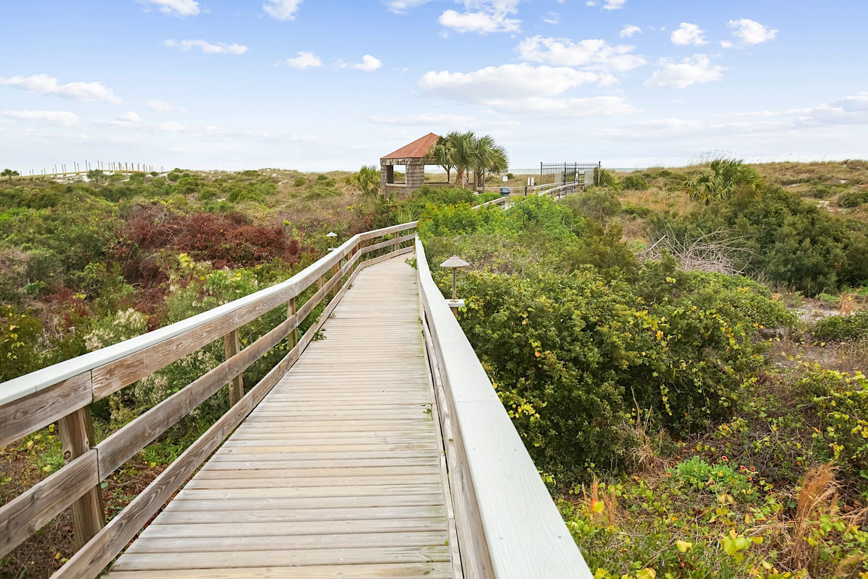 A wooden boardwalk leading to a small structure with a red roof, surrounded by dense vegetation.