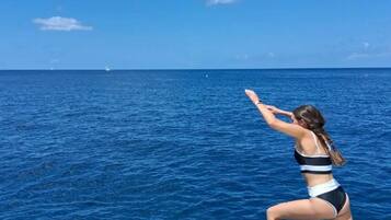 A person on a boat with a clear view of the ocean and a distant sailboat.