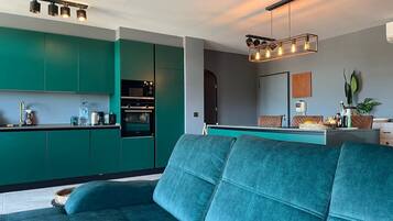 Superior Apartment, Sea View | Private kitchen | Fridge, microwave, oven, stovetop