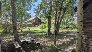 A rustic wooden cabin with a picnic table and a fenced yard. - Historic Downtown Leadville 1BR — Walk to Main St, Fast WiFi, Sleeps 2 (Leadville)