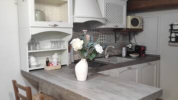 Kühlschrank, Mikrowelle, Herdplatte, Wasserkocher mit Kaffee-/Teezubehör