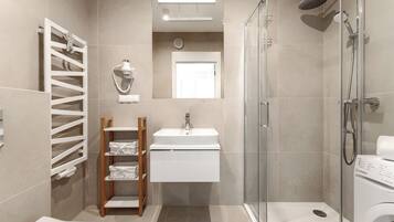 Hair dryer, towels, toilet paper