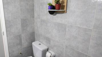 Un baño con inodoro, bidé y una estantería con una planta en maceta.