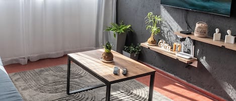 Studio – city, støttehåndtak i dusjen, rengjøring | Oppholdsområde | En 58-tommers Flatskjerm-TV med Parabol-TV samt TV