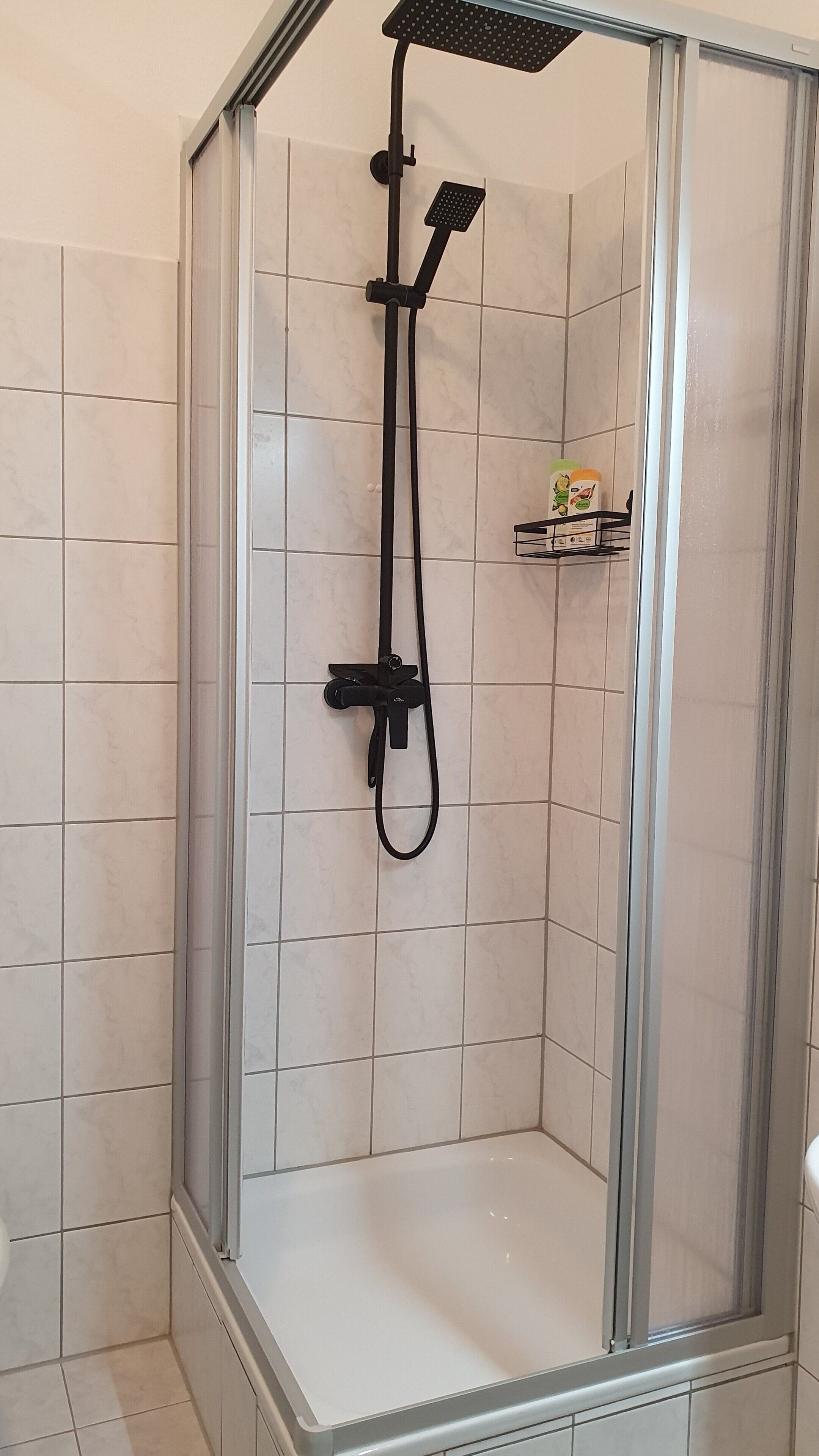 A glass-enclosed shower with a handheld showerhead and a fixed showerhead.