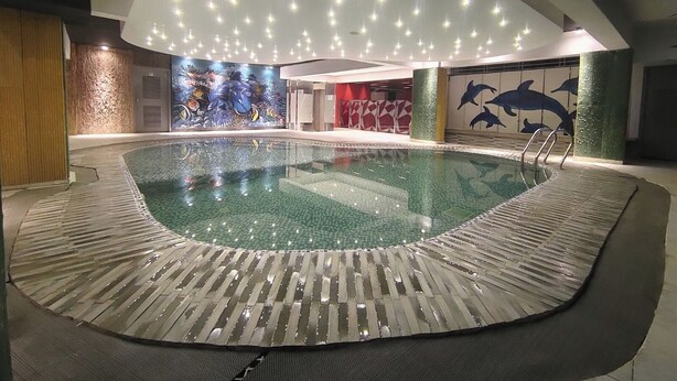 Uma piscina interior com deck revestido de azulejos, cercada por paredes com painéis de vida marinha e golfinhos.