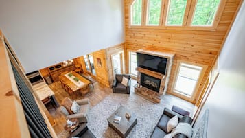 Smart TV, fireplace, foosball