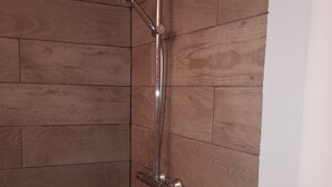 Une douche équipée d’un pommeau de douche à main et d’une brosse à main.