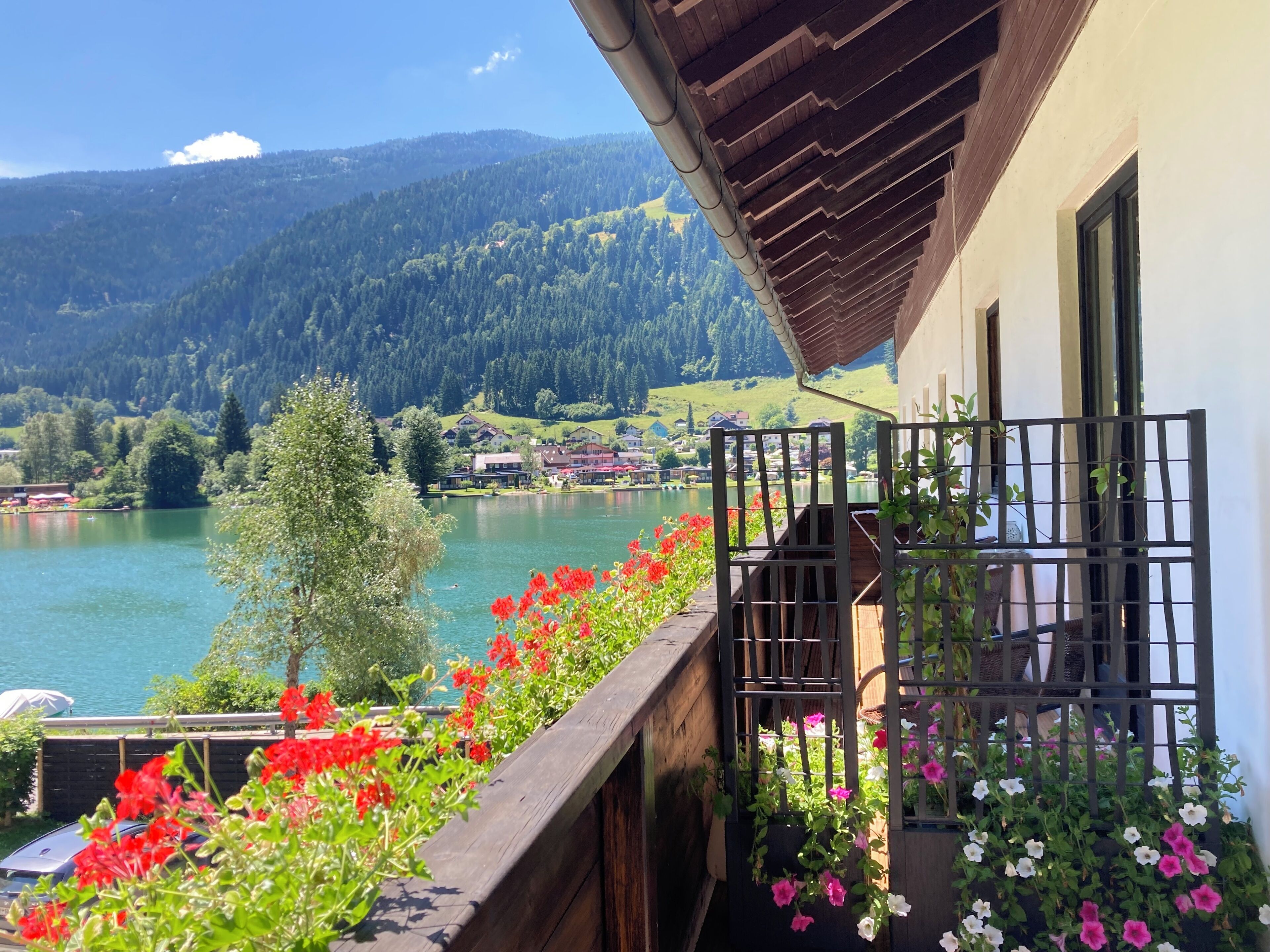 A balcony with a view of a lake, surrounded by flowers and a mountainous landscape.