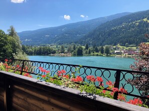 A scenic view of a lake with mountains in the background, a wooden deck with a metal railing, and red flowers in the foreground. - Seebrauer (Feld am See)