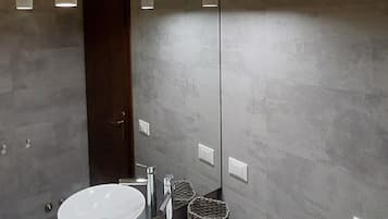 Hair dryer, bidet, towels, soap
