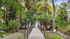 A wooden pathway leading through a lush garden with various tropical plants and trees.
