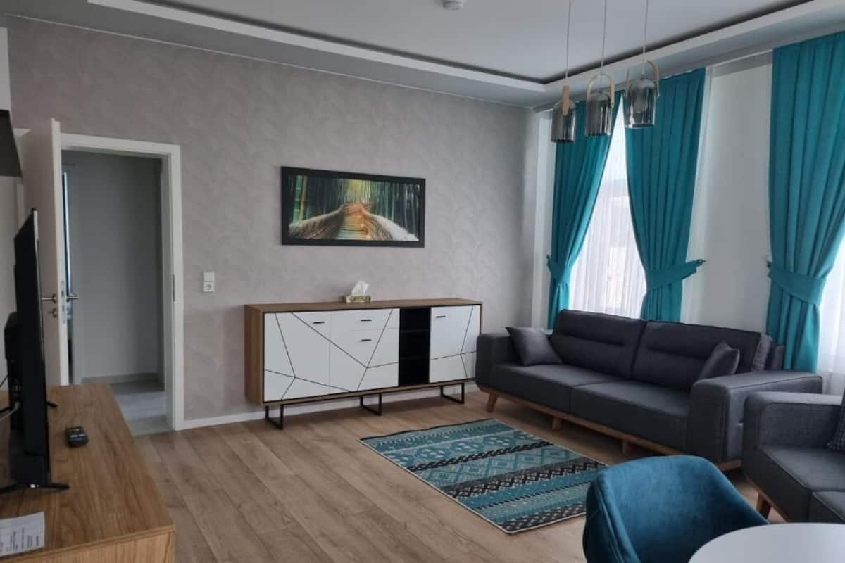A modern living room with a grey sofa, a wooden coffee table, a patterned rug, and a cabinet with geometric designs.