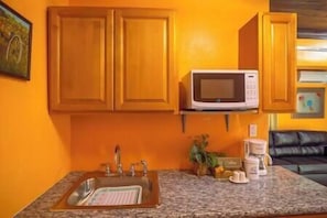 Kitchen area with microwave oven, stainless steel sink, and countertop space.
