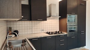 A modern kitchen with dark cabinetry, a stainless steel sink, and a gas stove. - Two-Bedroom Apartment (Riva del Garda)