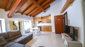 Ein Wohnzimmer mit Sofa, eine Essecke mit Stühlen, eine Küche mit Holzschränken und einem Fernseher auf einem Schrank.