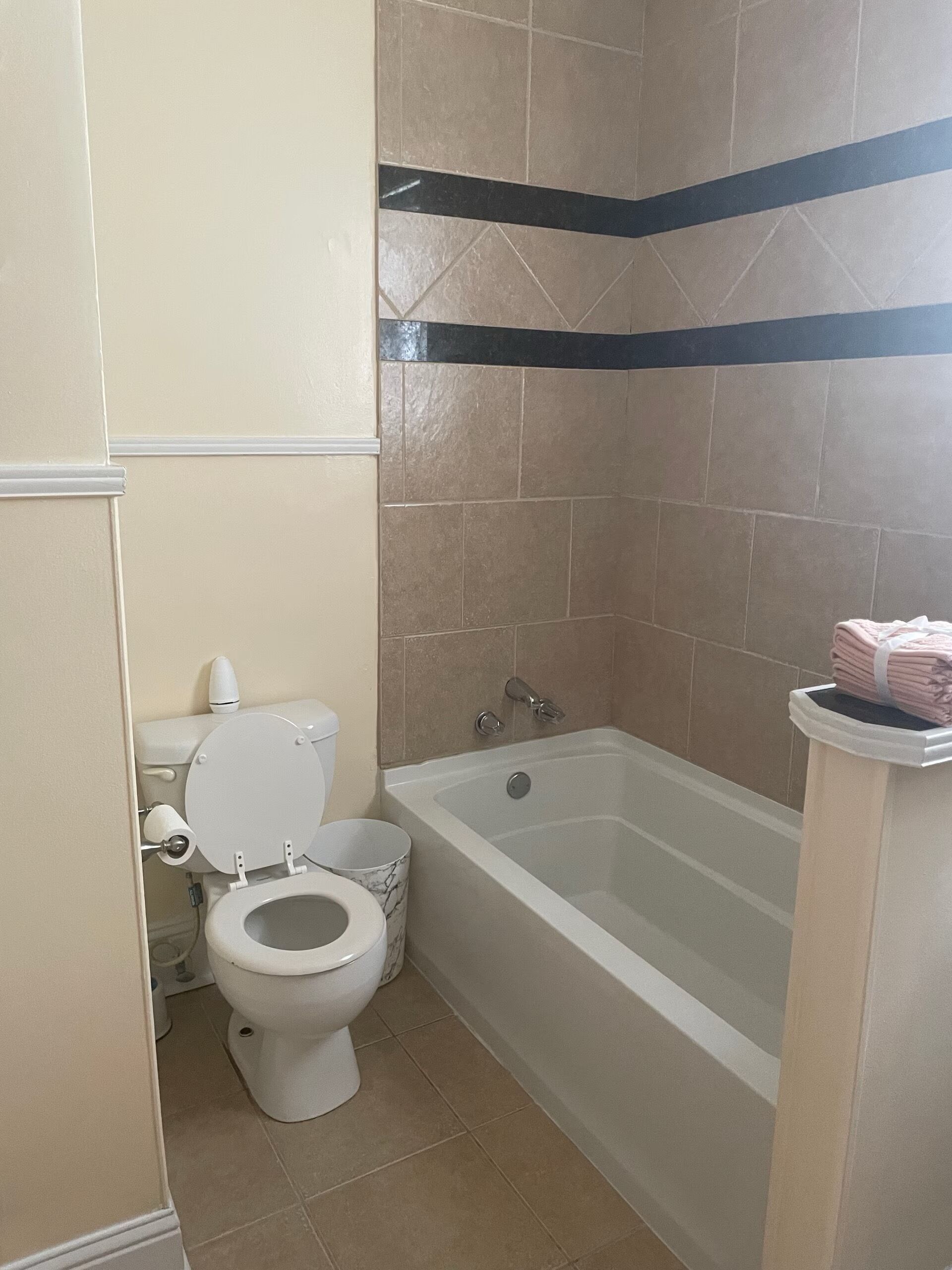 Un bagno con il water, una vasca da bagno e una zona doccia.