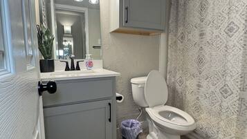 Hair dryer, towels, soap, shampoo