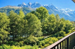 Un paysage montagneux, avec une végétation luxuriante et des arbres verdoyants, ainsi qu’une rambarde en bois.
