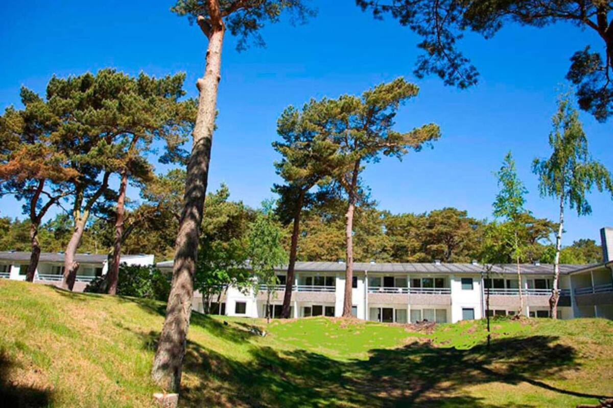 A building with a flat roof and multiple windows, surrounded by trees and a grassy area.
