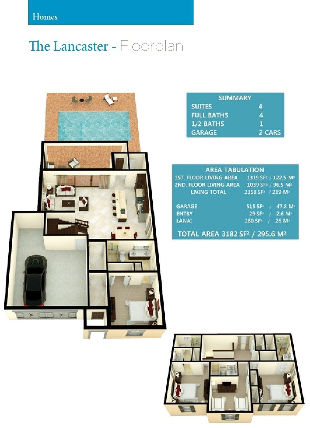 Plan d’étage de l  ’hôtel Lancaster, comprenant 4 suites, 4 salles de bain complètes, 1 salle de bain avec WC, un garage pour 2 voitures et une superficie totale de 3182 pieds carrés / 295,6 mètres carrés.