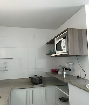 Basic apartman | Privát konyha | Nagyméretű hűtő/fagyasztó és mikrohullámú sütő