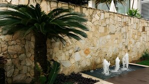 A stone wall with a palm tree and a water feature. - Flat Mandai Cabo Frio (Cabo Frio)