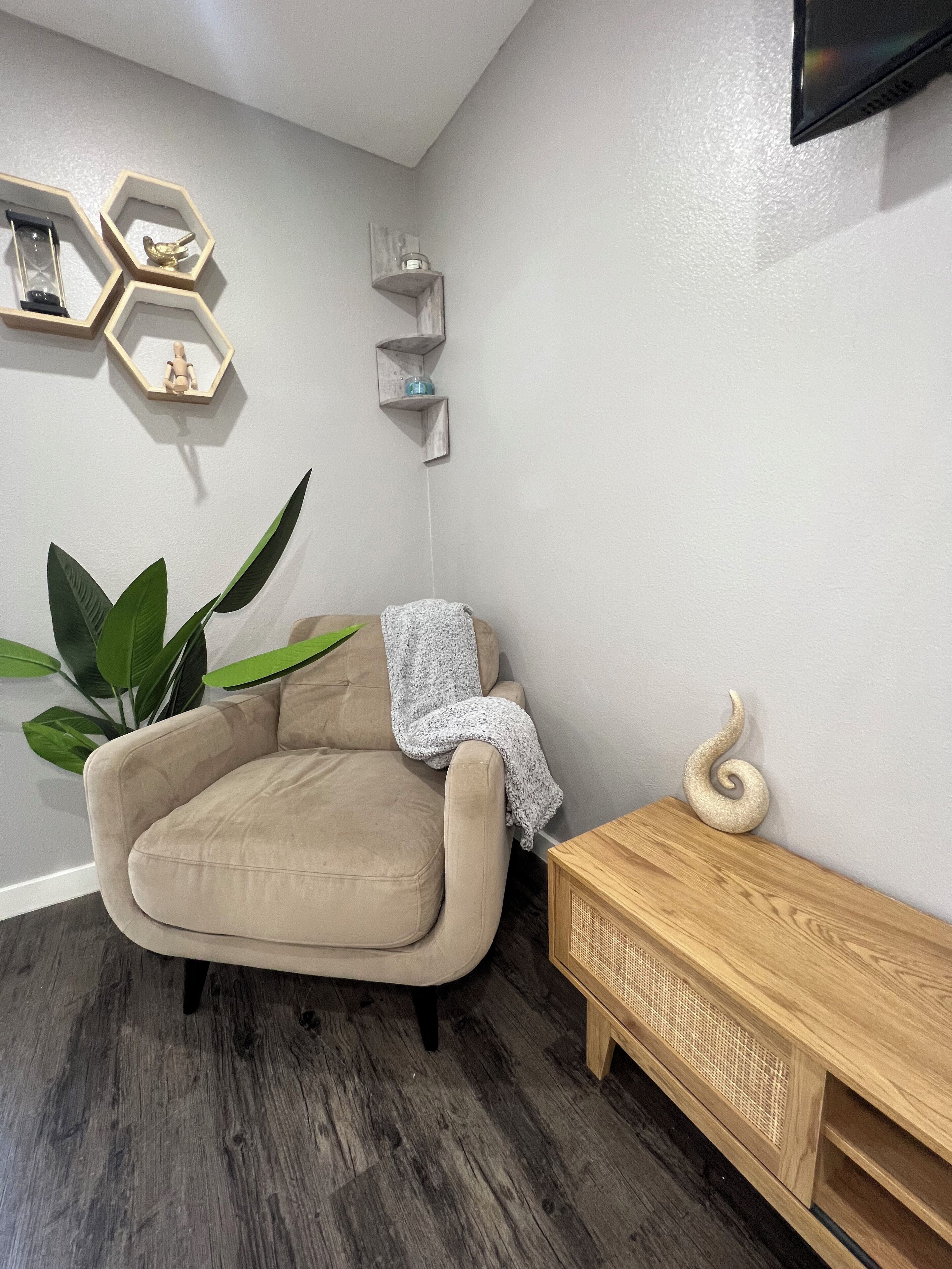 Sala de estar com um sofá bege, uma mesa lateral de madeira, uma planta verde grande e prateleiras hexagonais decorativas na parede.