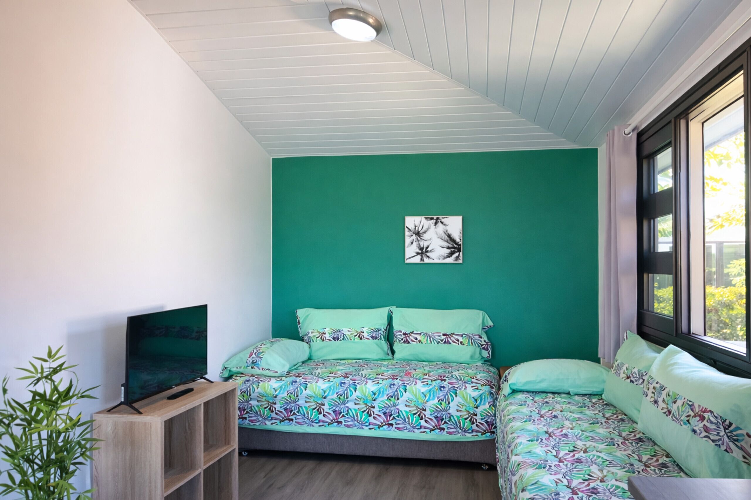 Un dormitorio con cama, televisor, ventana y luz de techo.