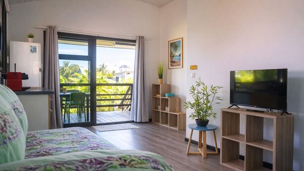 A bedroom with a bed, a television on a stand, a small table with a plant, a sliding door to a balcony, and a refrigerator.