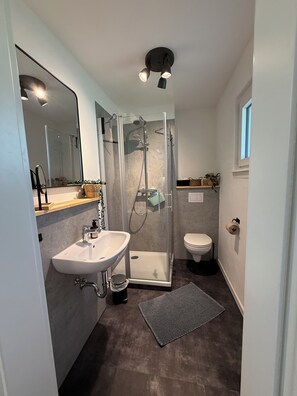 Shower, free toiletries, hair dryer, towels