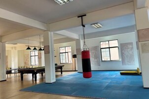 A spacious room with a blue padded floor, a punching bag, a pool table, and a billiards table.