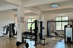 A gym with weightlifting equipment, large windows, and a wooden floor.