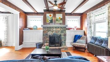 TV, fireplace, video games, books