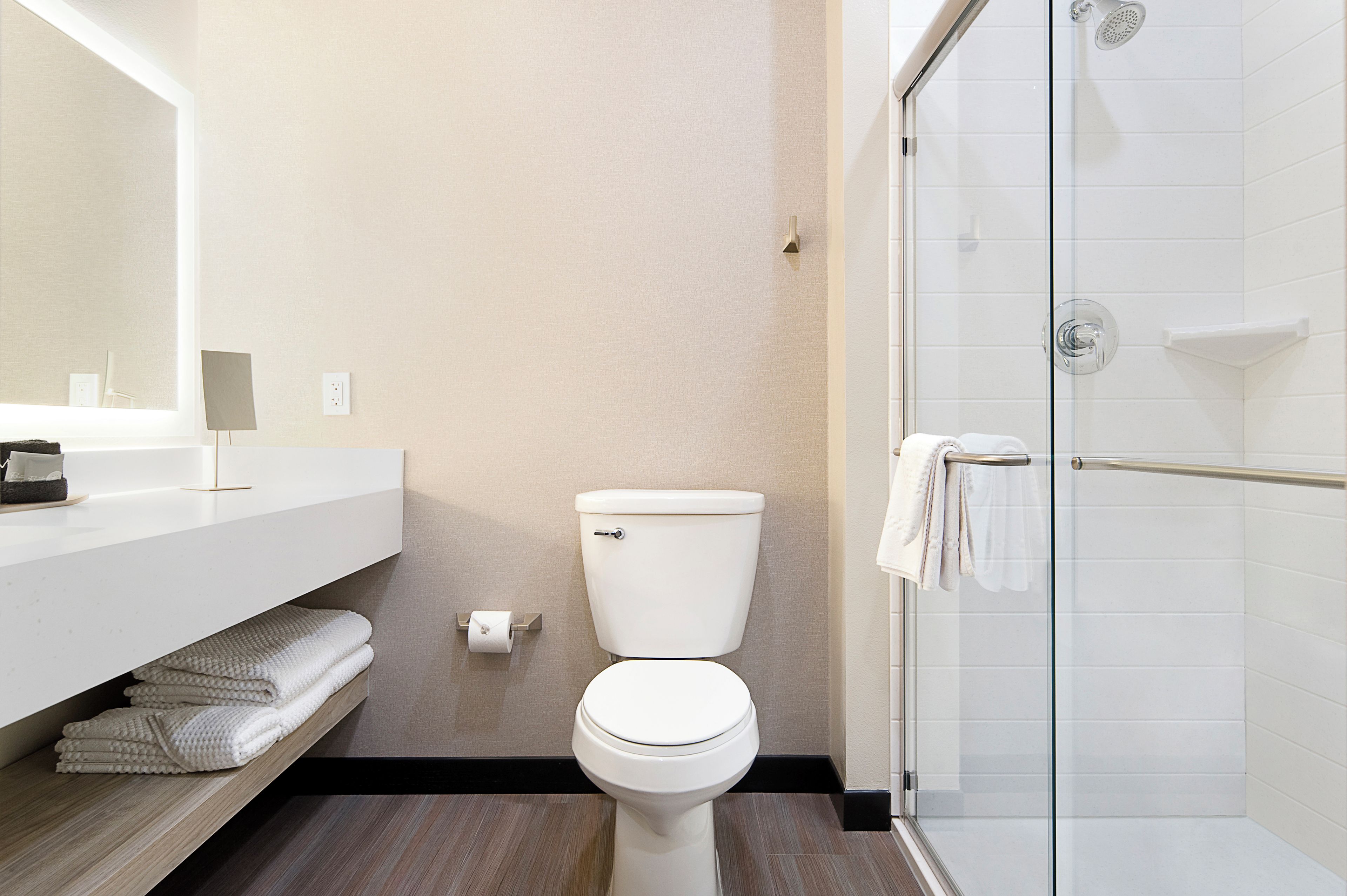 A modern bathroom with a toilet, a glass shower enclosure, and a vanity with a mirror.
