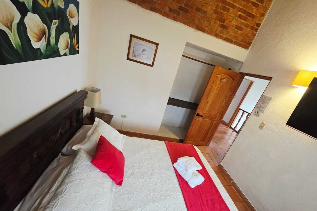 Una habitación de hotel con una cama, una almohada roja, una toalla blanca, un cuadro y una puerta de madera.