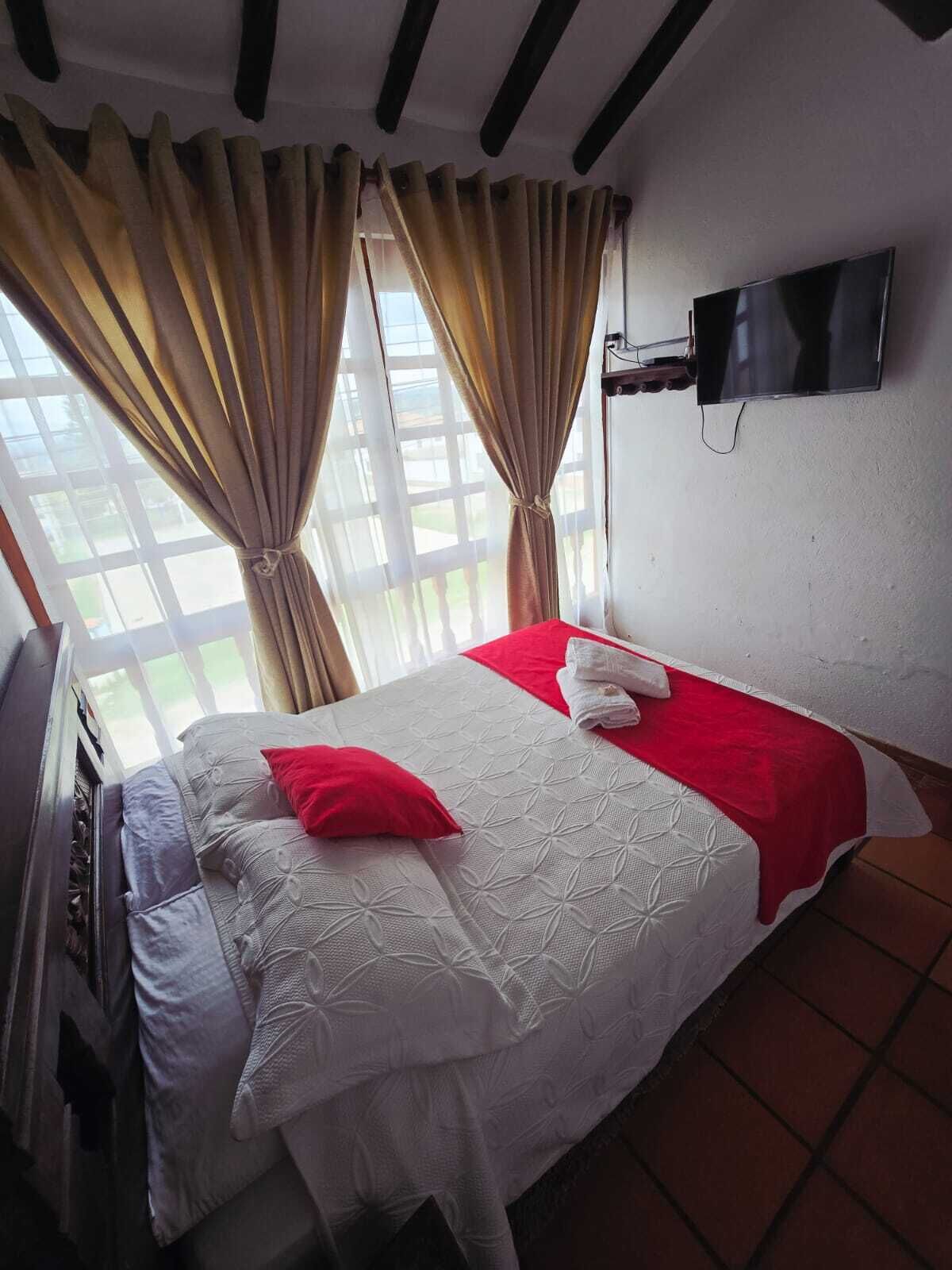Une chambre à coucher avec un lit, des rideaux, une télévision et une fenêtre.
