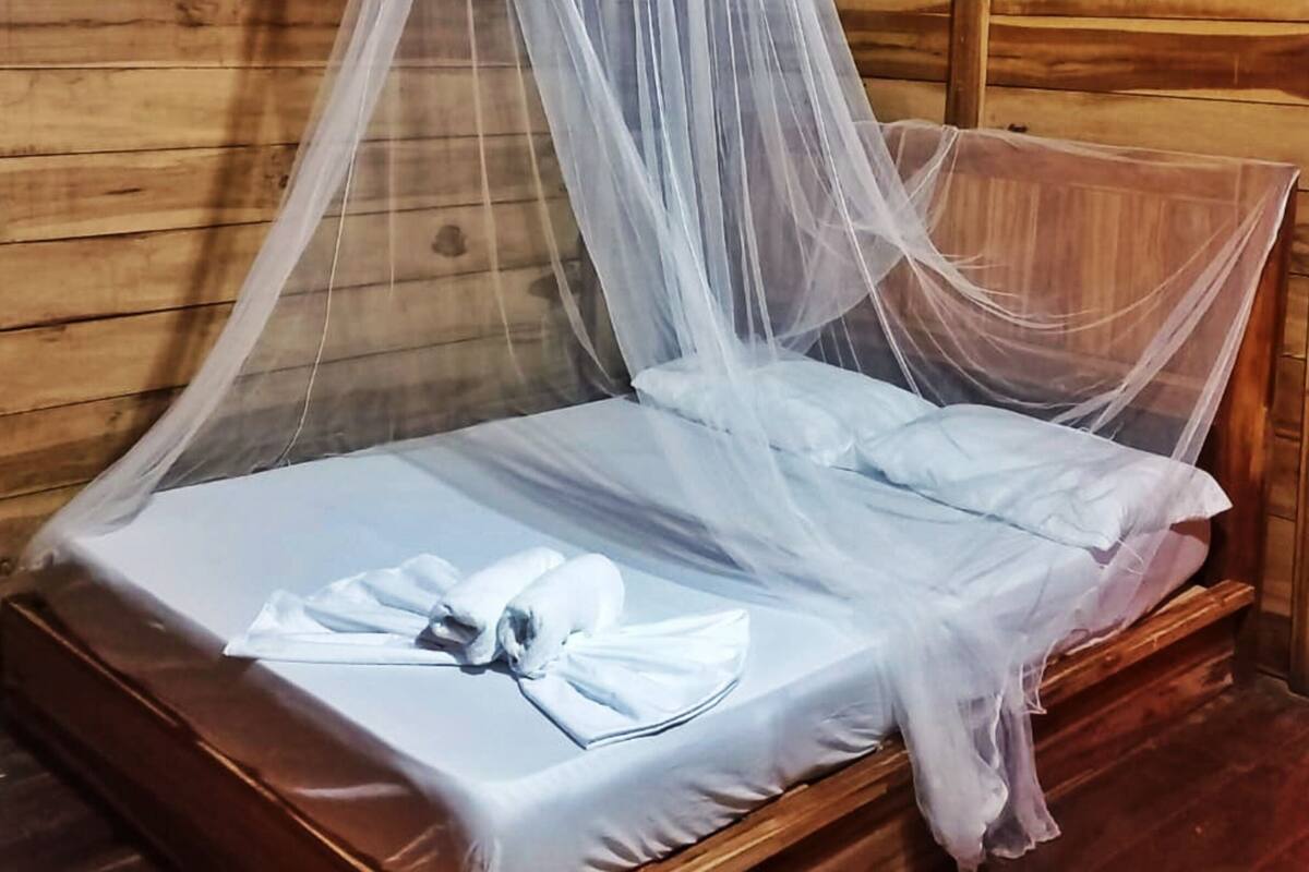 A wooden bed with a mosquito net in a cabin.