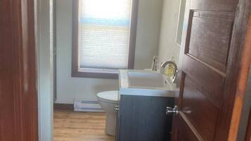 Hair dryer, towels, soap, shampoo