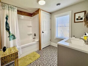 Hair dryer, towels, soap, shampoo