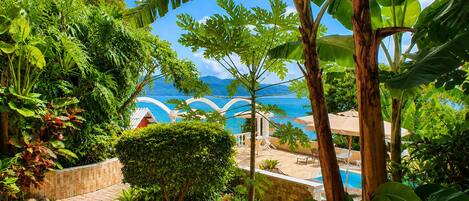 Un exuberante jardín con piscina, rodeado de plantas tropicales y vistas al mar.