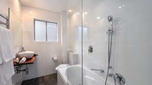 Shower, hair dryer, towels