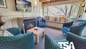 Un salon chaleureux, avec des meubles à motifs turquoise, une cheminée et une grande fenêtre donnant sur les arbres.